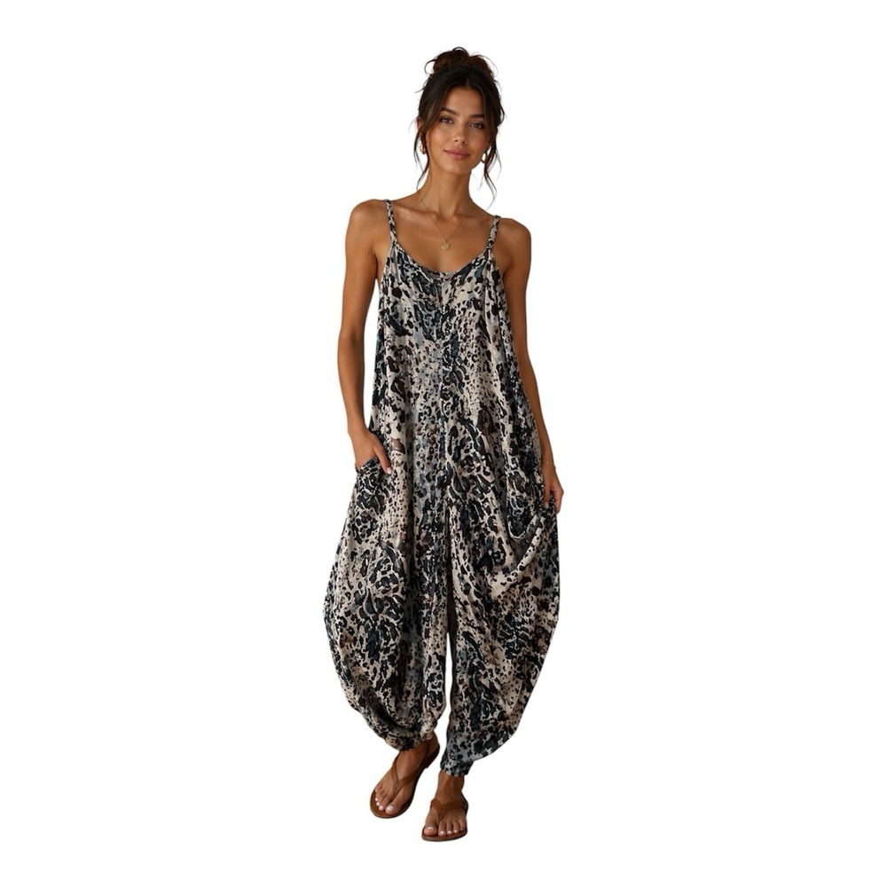 MSK Women's Leopard Print DropCrotch Genie Leg Sleeveless Harem Jump Suit Size M